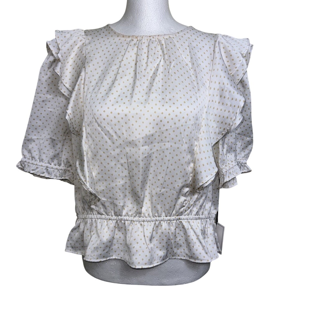 NWT 1.STATE Bon‎ Voyage Cabo Ruffle Peplum Top L Ivory Gold Polka Dot Blouse
